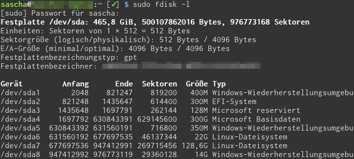Exemplarische Ausgabe von fdisk
