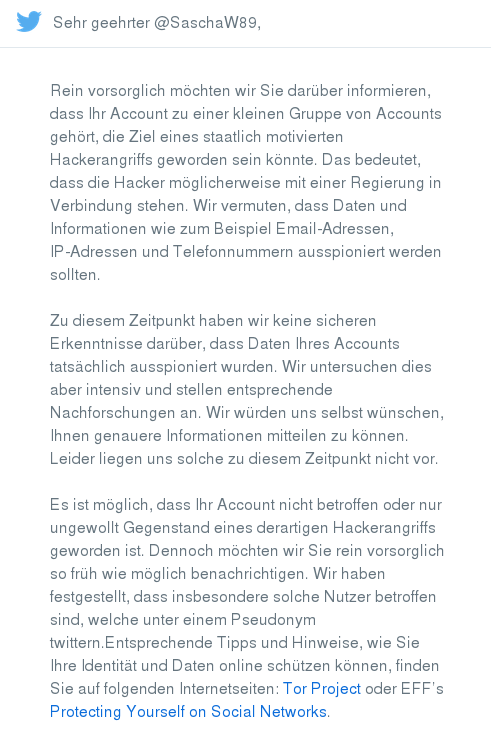 Warnung von Twitter über gehackten Account